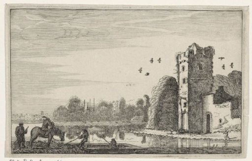 Figures by a punt near a ruin