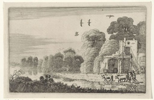 Figures with cows by a ruin