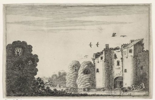 Figures in a boat by a dilapidated castle on the water
