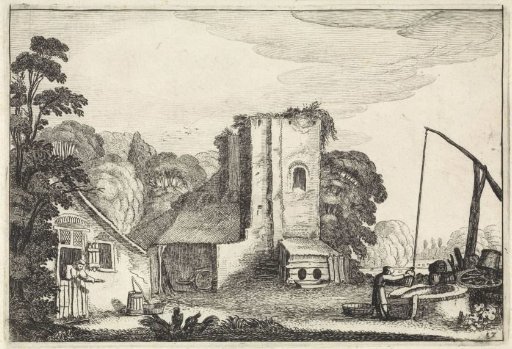 Figures by a well and a farmhouse, near a ruin