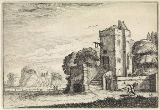 Figures with a birdcage near a tower in a landscape