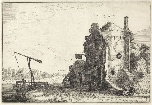 Figures by an inn in a round tower