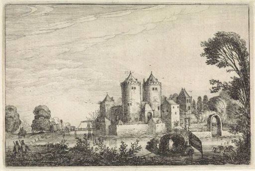 Figures in a pleasure boat near a castle
