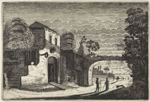 Figures by an inn at evening