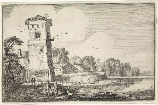 Ferry with Sheep by a Tower in a River Landscape