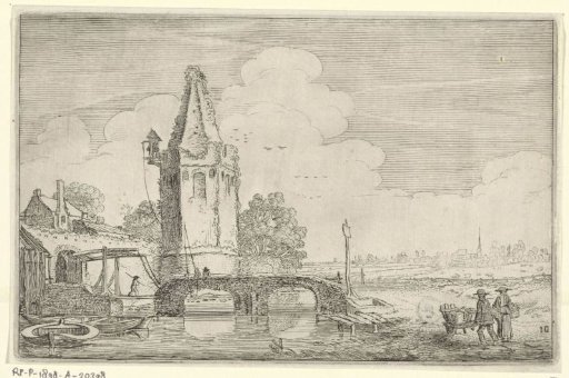 Landscape with a tower and a bridge over the Niers river