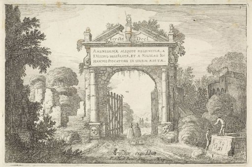 Figures by a gate in a landscape