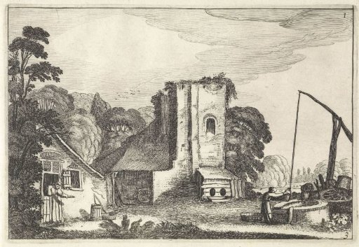 Figures by a well and a farmhouse, near a ruin