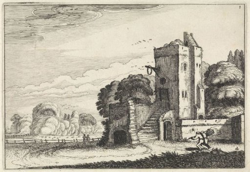 Figures with a birdcage near a tower in a landscape