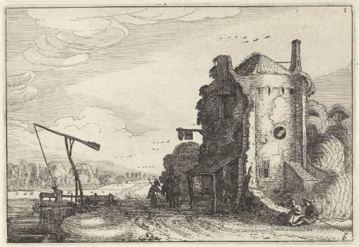 Figures by an inn in a round tower