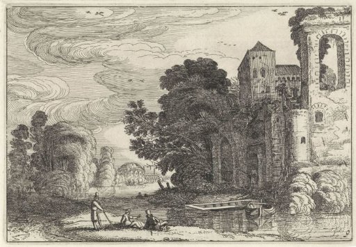 Figures by a castle near a river