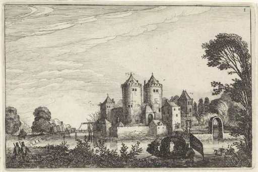 Figures in a pleasure boat near a castle