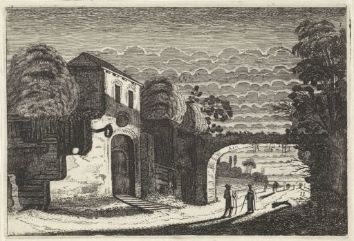 Figures by an inn at evening