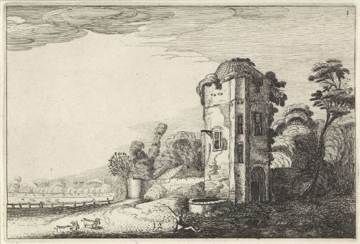 Shepherd by a tower with a well
