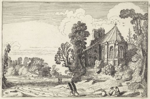 Figures on a country road near a church ruin