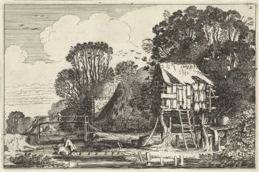 Anglers in a boat near a dovecote