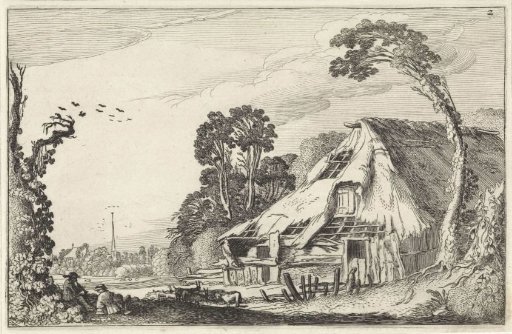 Figures at a dilapidated barn
