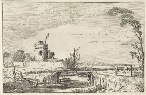 Figures at a harbor and a tower