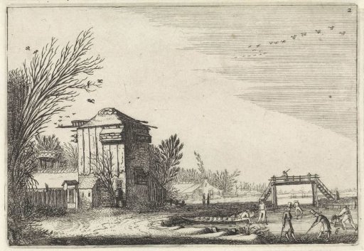 Kolf players on the ice near a dovecote
