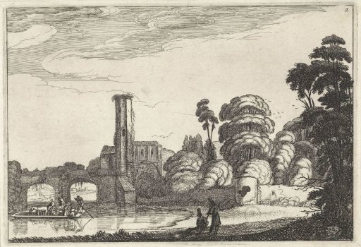 Ferry near a bridge and a ruin
