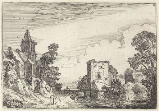 Tower and a church in a landscape