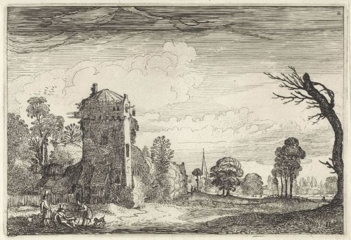 Hunters with dogs near a tower in a landscape