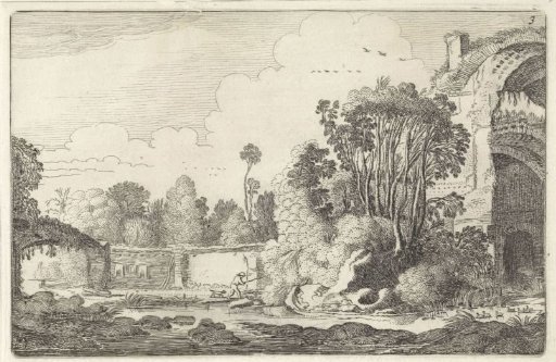 Man with a dog near a ruin