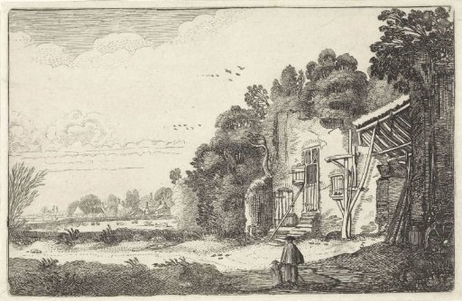 Woman with child near the ruin of a house