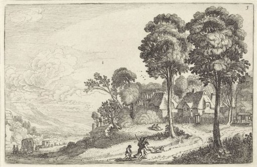 Travelers on a path near a village