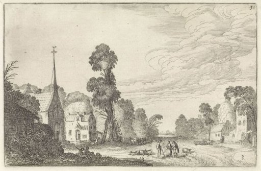 Figures and cattle in a village with a church