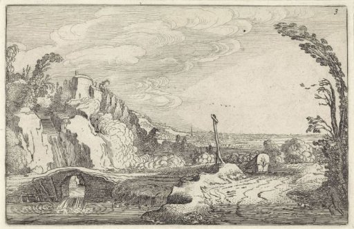 Covered wagon on a path in a mountainous river landscape