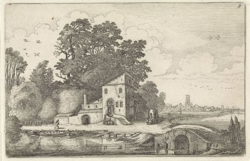 House by a stone bridge in a river landscape