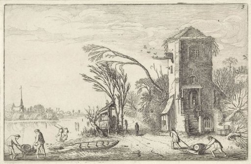 Figures in a winter landscape with a tower