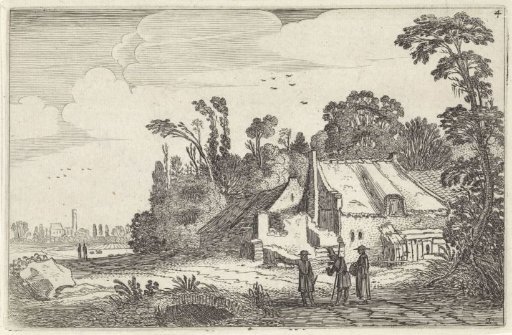 Figures on a country road near a farmhouse