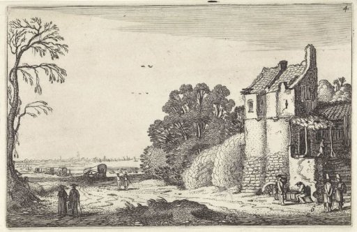 Figures near a house and covered wagons on a country road