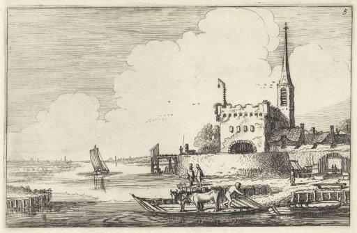 Ferry with Livestock by a Fort in a River Landscape