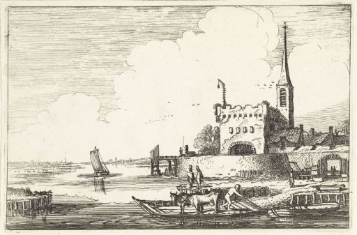 Ferry with Livestock by a Fort in a River Landscape