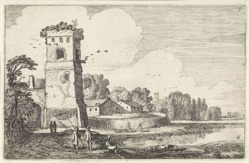 Bridge with sheep near a tower in a river landscape