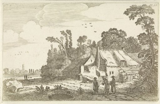 Figures on a country road near a farmhouse