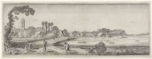Figures on a path near a village