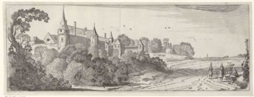 Four gentlemen on a path near a castle
