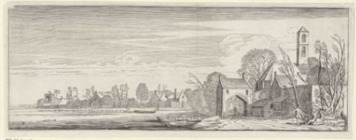 Figures near a village on a lake