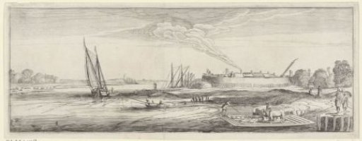 Ferry near a fortress in a river landscape