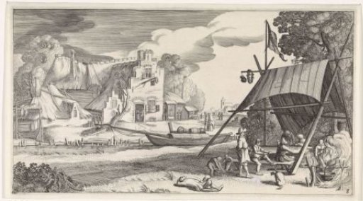 Figures under a tent at an inn
