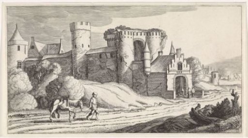 Peasant with a horse on a road alongside a castle
