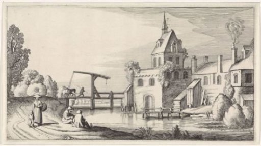 Figures by a drawbridge before a village with a church tower