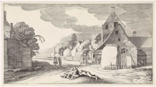 Resting peasants along a road in a village