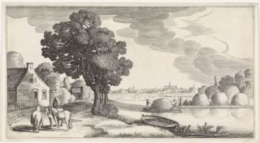 Transport of hay on a river with Haarlem in the distance