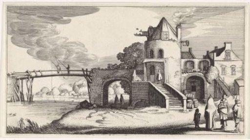 Toll house with a wooden bridge over the river