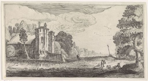 Landscape with figures by a fortified house with two towers